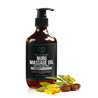 Ultra-Glide Nuru Massage Oil 300ml, Professional Glide formula, amber pump bottle with jojoba and vitamin E capsules