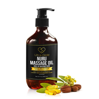 Ultra-Glide Nuru Massage Oil 300ml, Luxury Skin formula, amber pump bottle with jojoba and vitamin E capsules