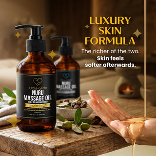 Luxury Skin formula Nuru Massage Oil being poured into a hand on a spa table