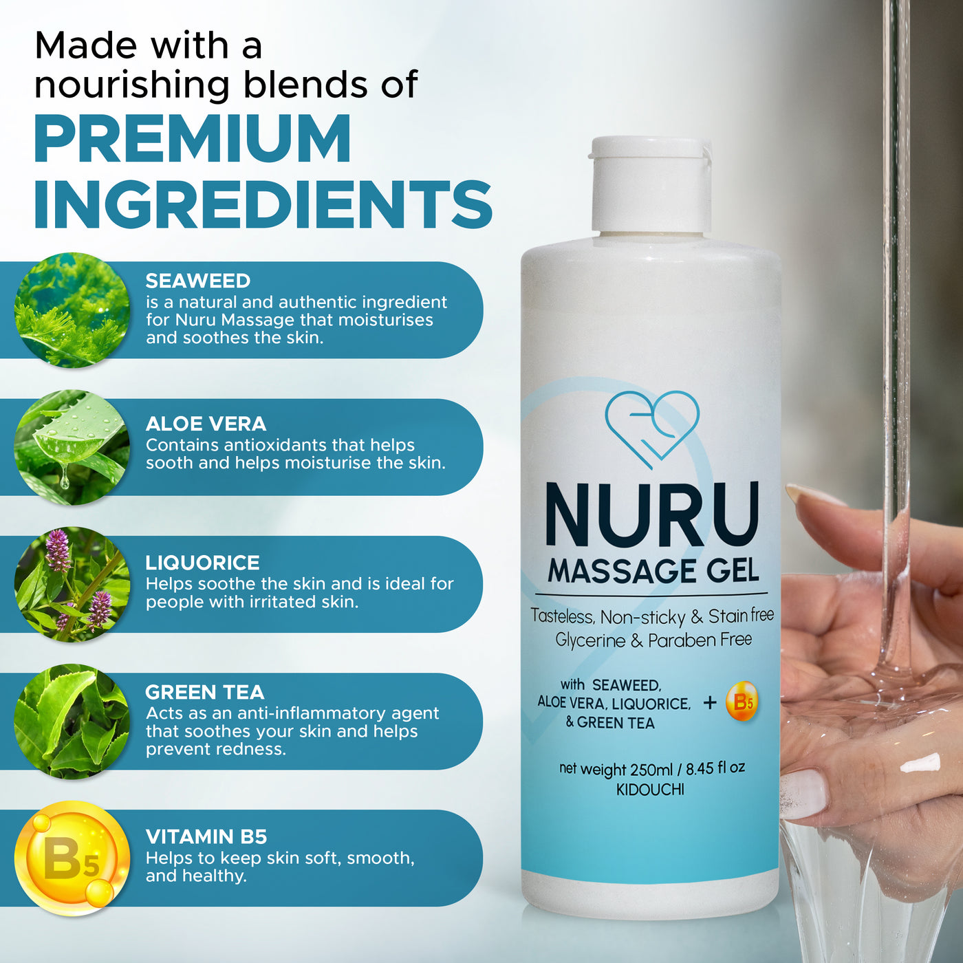 Eroticgel Nuru Massage Gel 250ml / 8.45 oz with Aloe Vera, Seaweed, Green Tea, Liquorice, and Vitamin B5