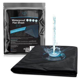Waterproof flat sheet 2m x 2m folded with water pouring onto it, next to its pack