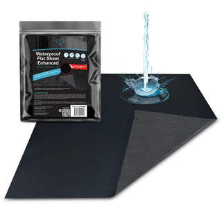 Anti-slip waterproof flat sheet with textured underside and water pouring onto the surface