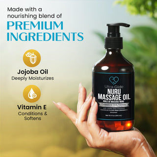 Nuru Massage Oil with its key ingredients, jojoba oil and vitamin E