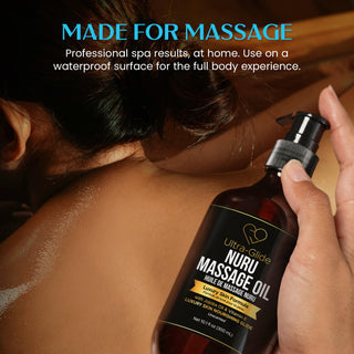 Woman holding Nuru Massage Oil over a partner's oiled back during a massage