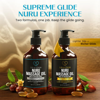 Professional Glide and Luxury Skin Nuru Massage Oil bottles side by side on a wooden table