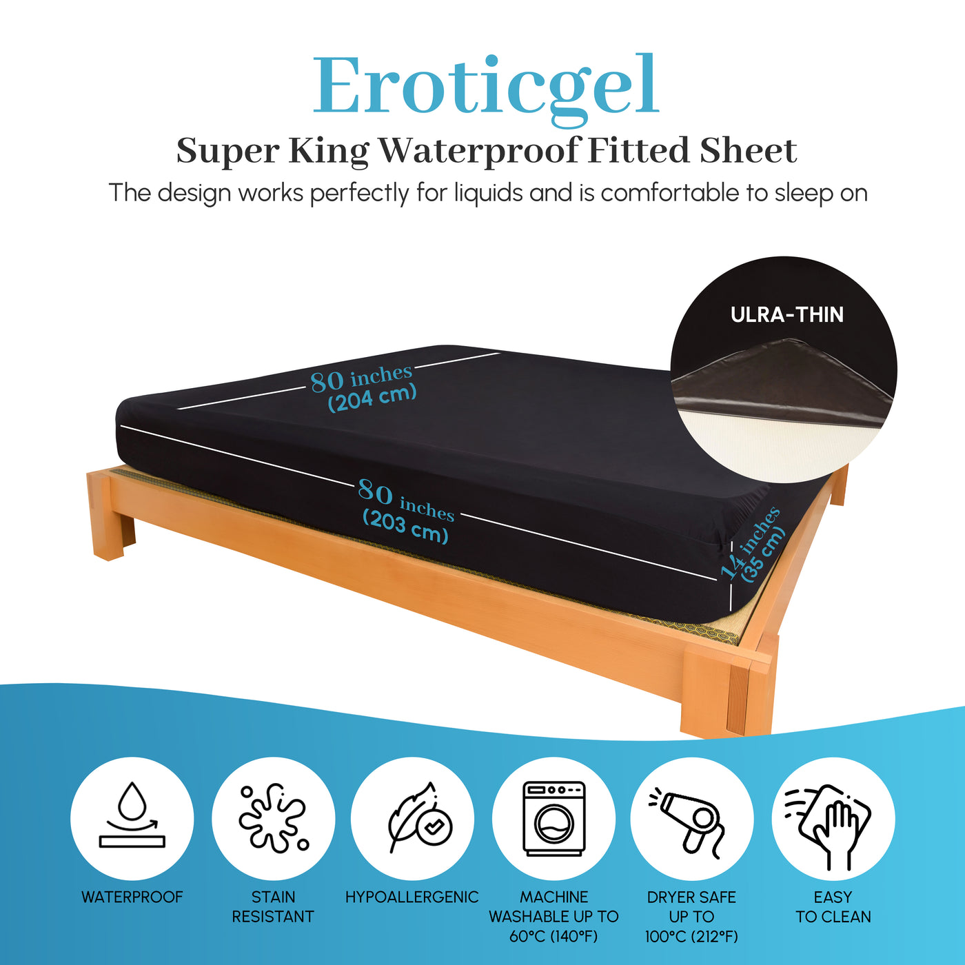 Eroticgel Super King Waterproof Fitted Sheet 204cm x 204cm + 35cm (80″x 80″ + 14″)