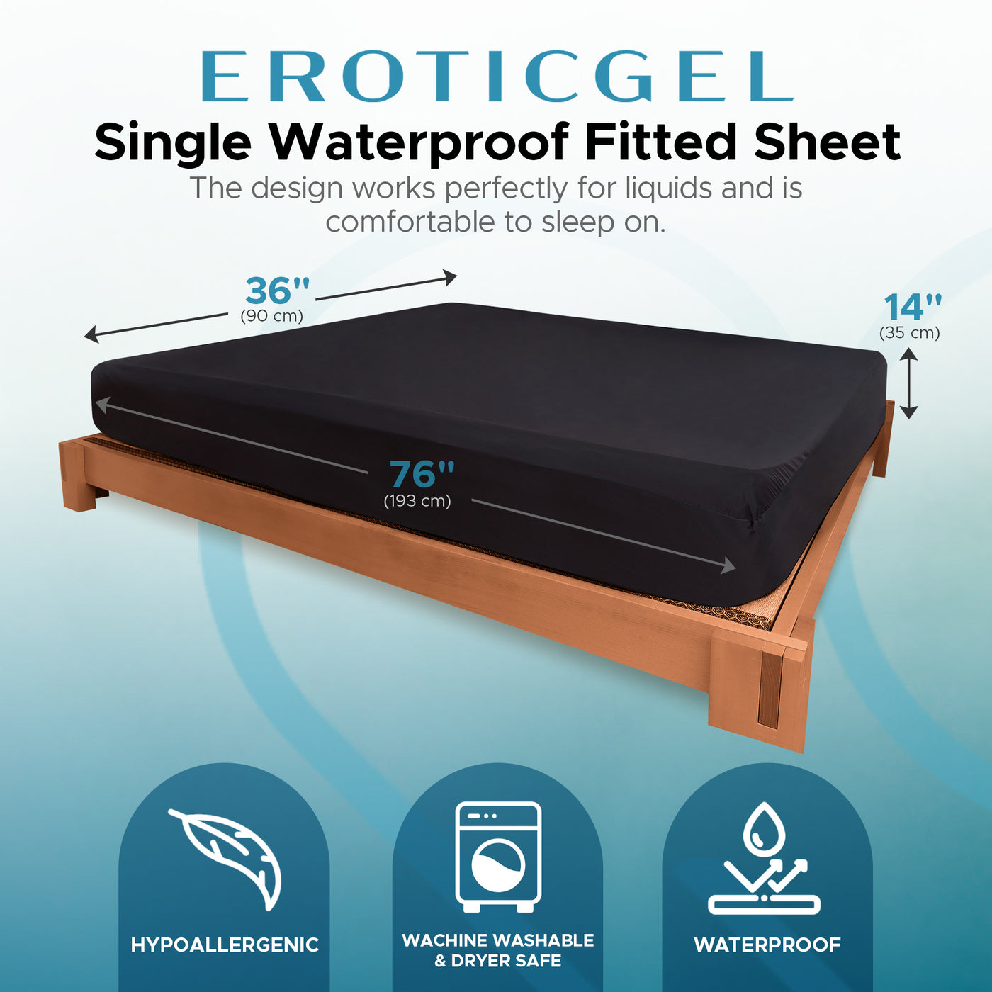 Eroticgel Single Waterproof Fitted Sheet 193cm x 90cm + 35cm (76″x 35.4″ + 14″)