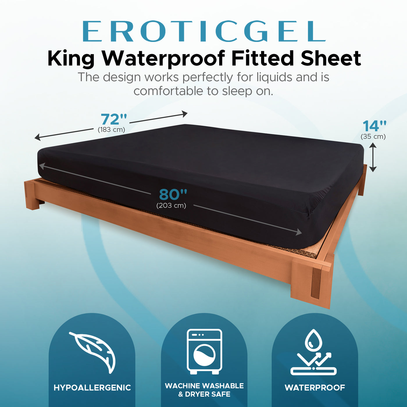 Eroticgel King Waterproof Fitted Sheet 183cm x 203cm + 35cm (72″x 80″ + 14″)