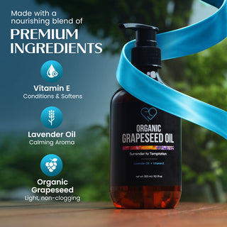 Organic Grapeseed Massage Oil with Lavender & Vitamin E | Lightweight, Non-Greasy Body & Skin Oil | 300ml & 500ml