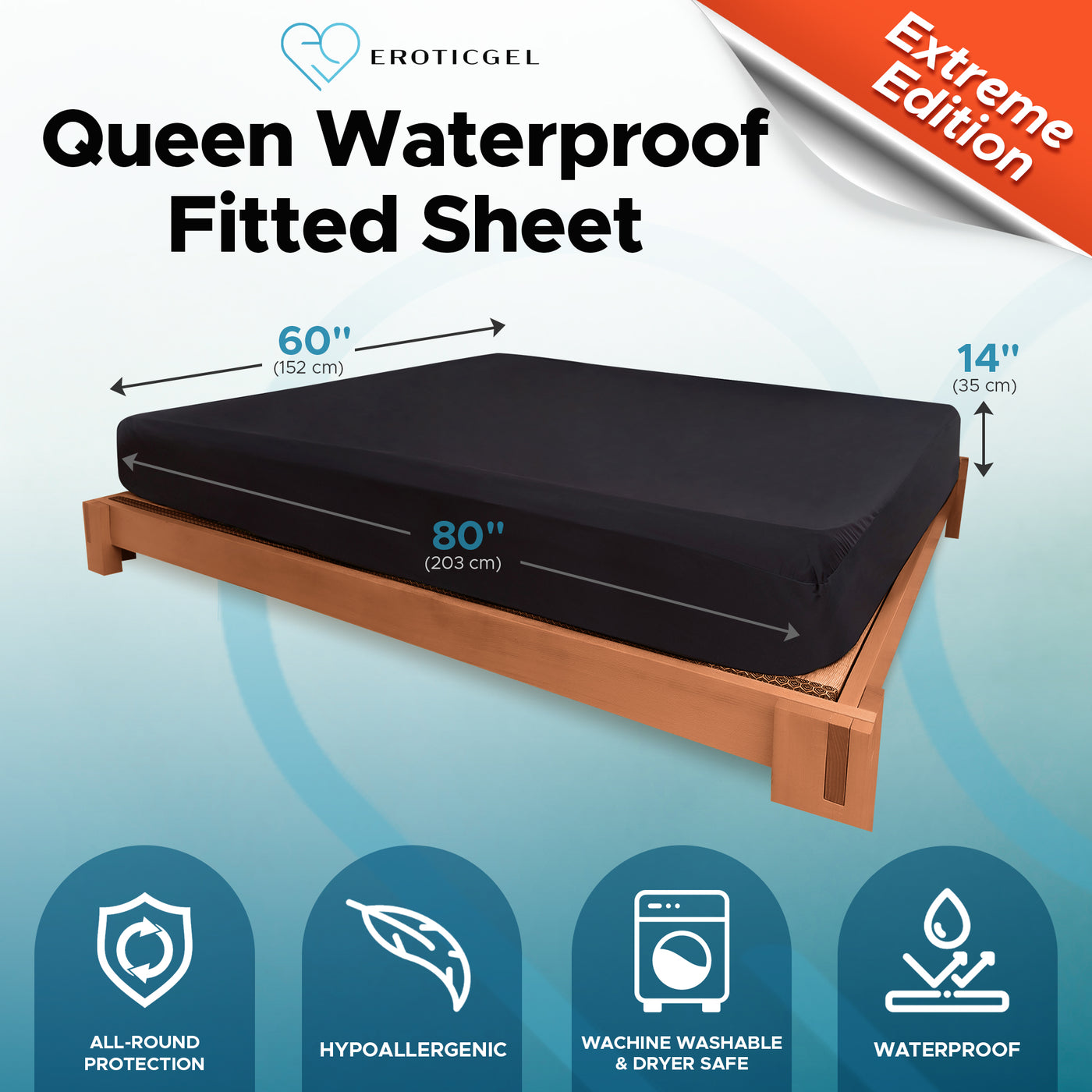 Eroticgel Queen Waterproof Fitted Sheet EXTREME Edition 152cm x 203cm + 35cm (60″ x 80″ +14″)