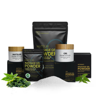 Eroticgel Matsuri Edition Nuru massage gel powder range with Ori and Konno, pouches and jars
