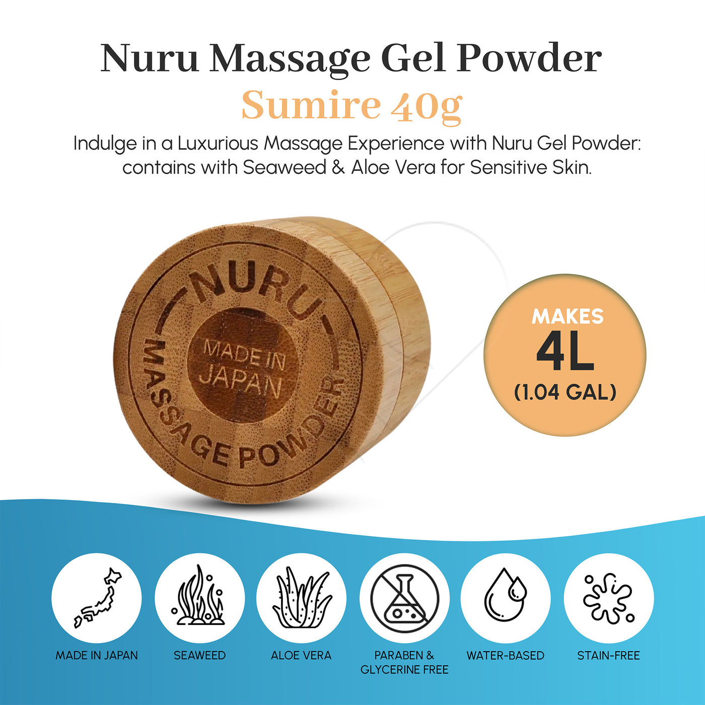 Nuru Massage Gel Powder 40g | Nori Seaweed and Aloe Vera | Made in Japan | 4L / 1.04 Gal | Glycerine and Paraben Free